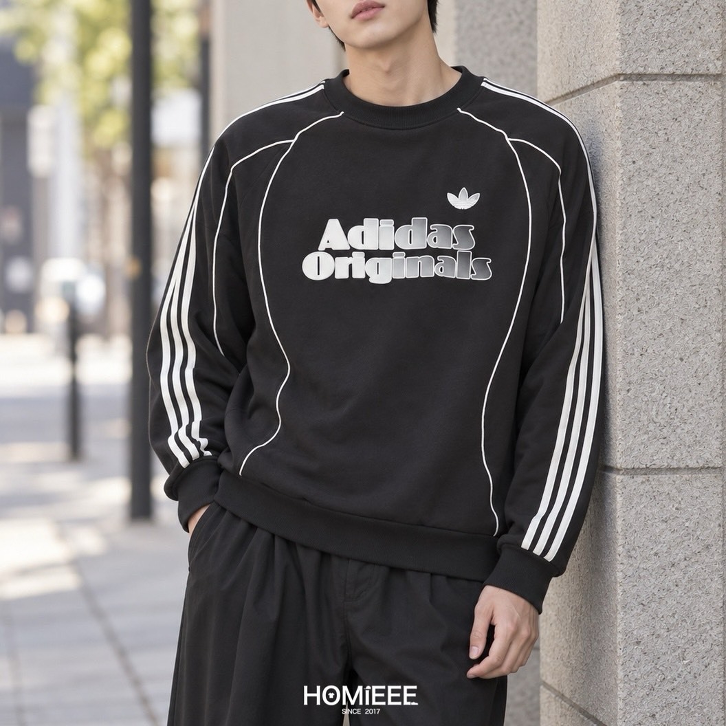 Adidas Originals Crew 衛衣 三葉草 線條 黑色 男女可穿 [JN3792]