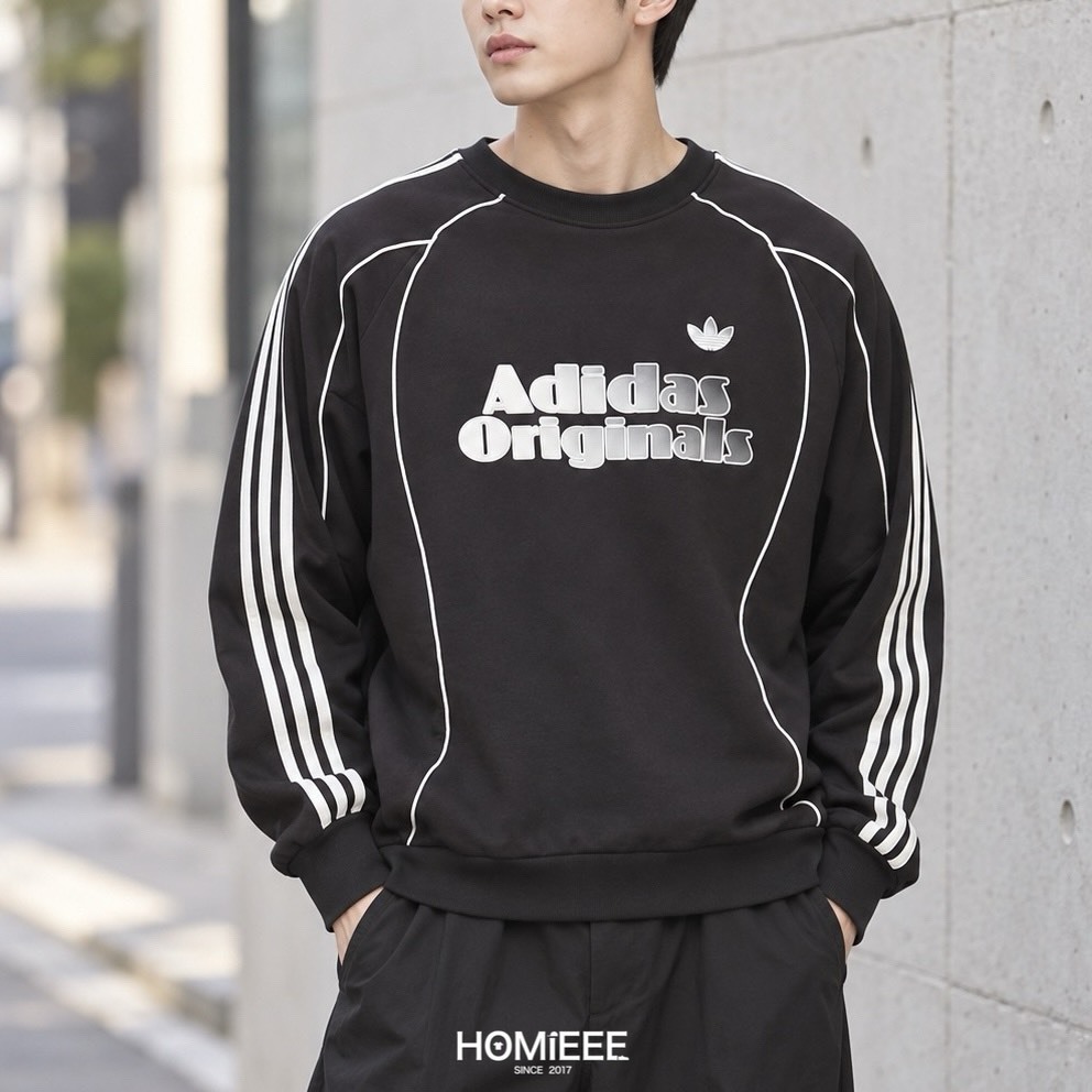 Adidas Originals Crew 衛衣 三葉草 線條 黑色 男女可穿 [JN3792]