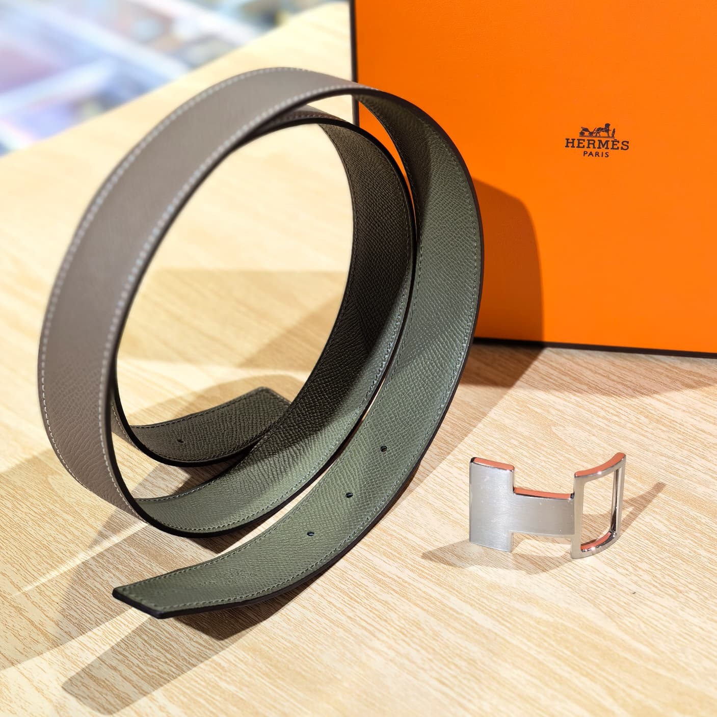全新HERMES皮帶 32MM  DIVE皮帶扣, 大象灰/銅綠色 EPSOM皮 銀扣 H075394CAEV095 #BRAND NEW #香榭站正品