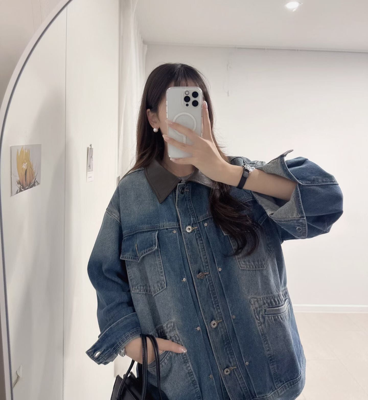 LU7132 美式復古皮革領水洗牛仔外套