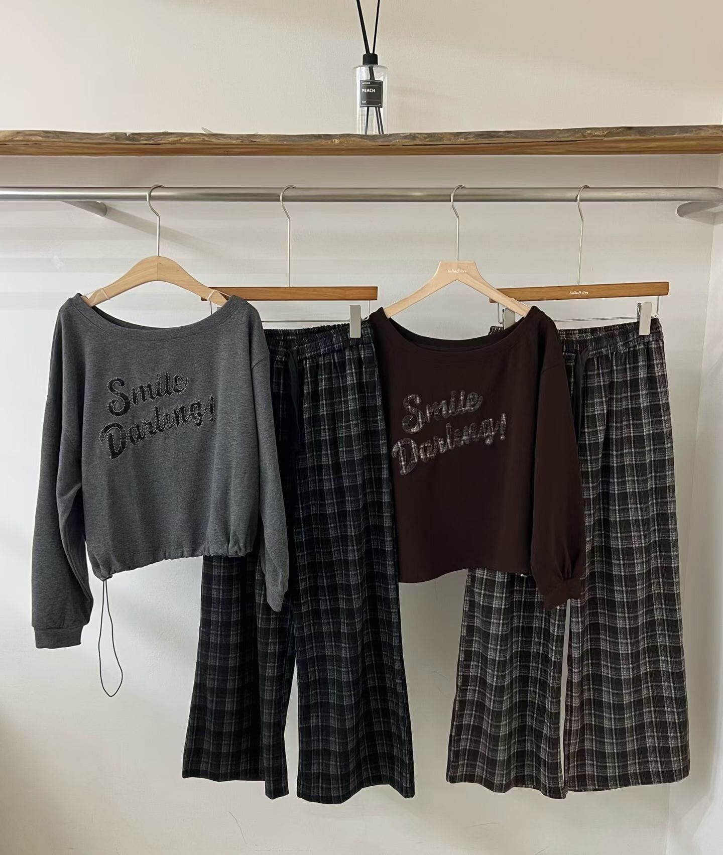 LU7133 慵懶刺繡衛衣格紋針織寬褲套裝