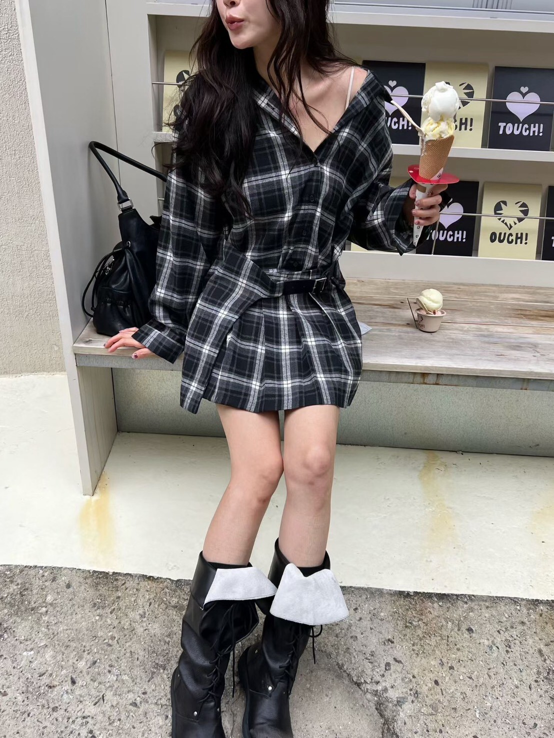 格子皮帶短洋裝