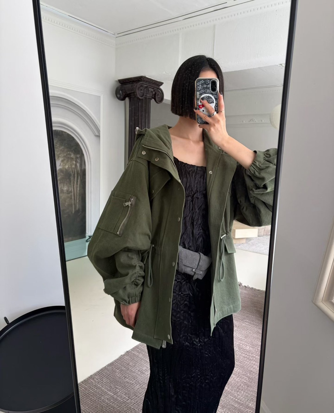 大蓬袖連帽縮腰風衣外套  短褲裙(分售)