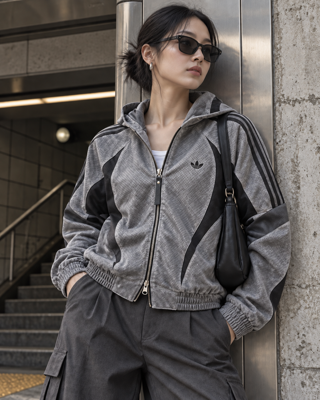 ADIDAS ORIGINALS STREET 復古網眼 弧形拼接 雙向拉鍊 連帽外套 黑／綠 2色