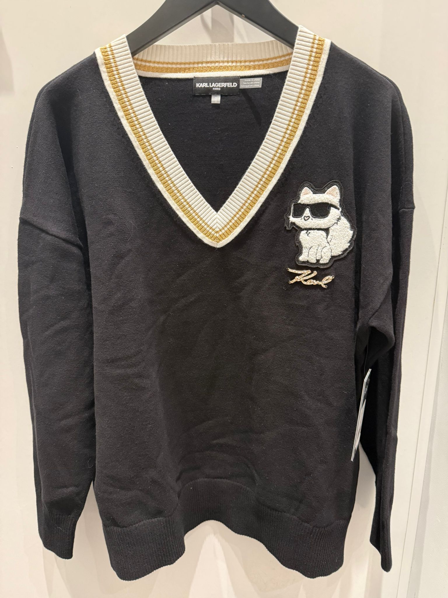 Karl Lagerfeld 女裝黑色V領貓貓針織 (黑) KL26