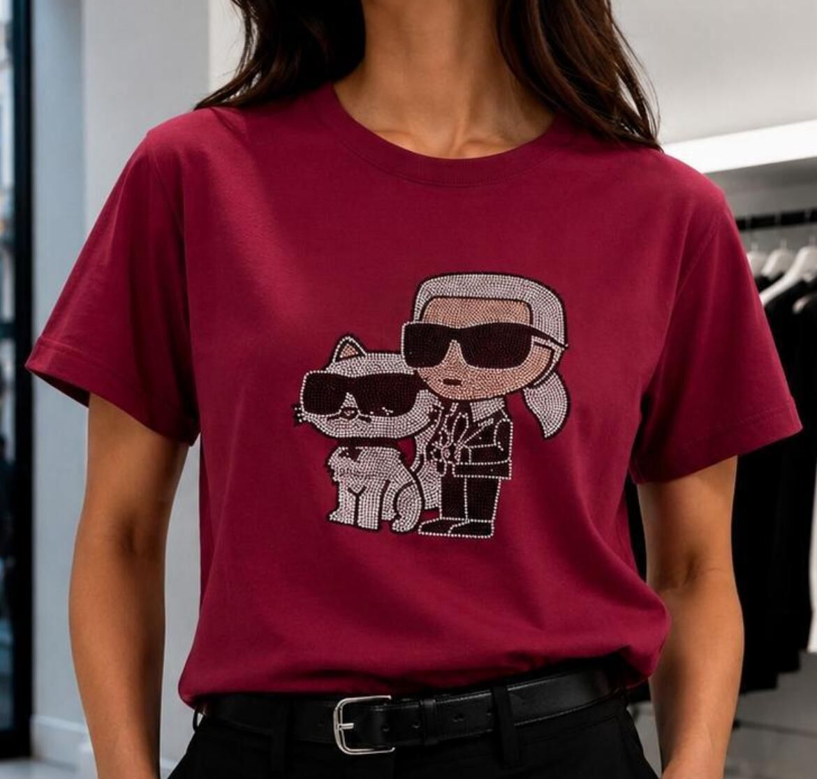 Karl Lagerfeld 女裝水鑽貓貓老佛爺 Tee (酒紅) KL6