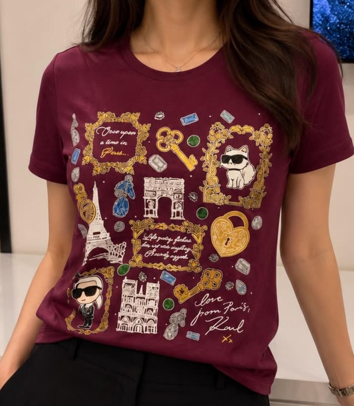 Karl Lagerfeld 女裝新款滿版圖案 Tee (酒紅) KL12