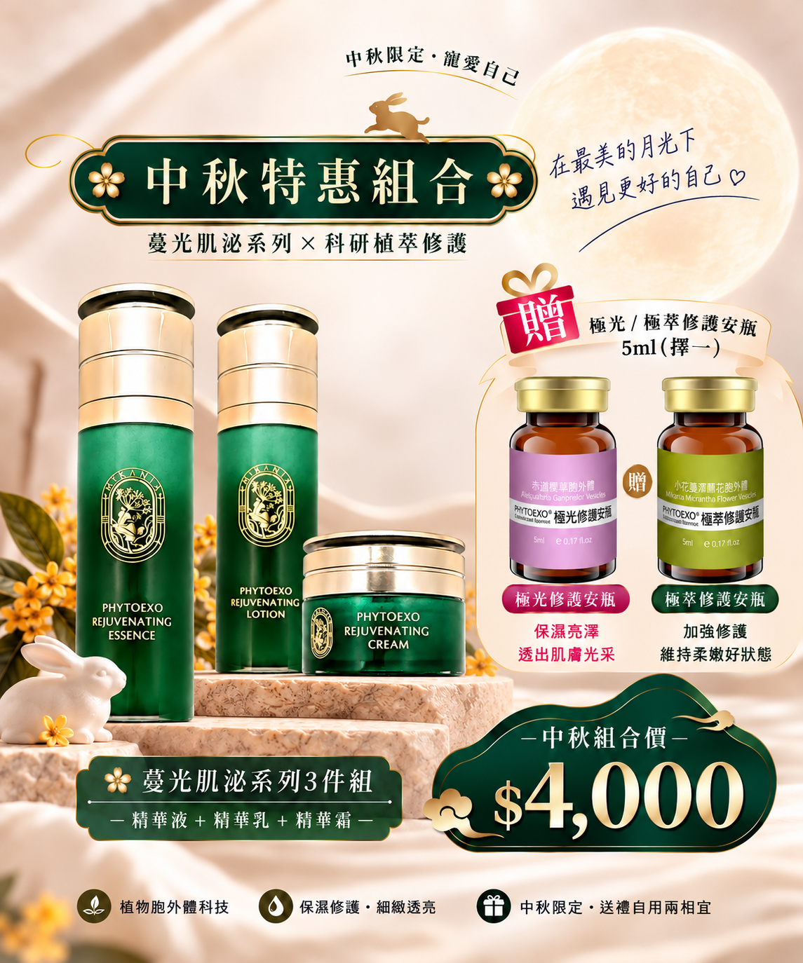 中秋限定｜蔓光肌泌高級保養3件組｜贈5ml極光／極萃修護安瓶（擇一）