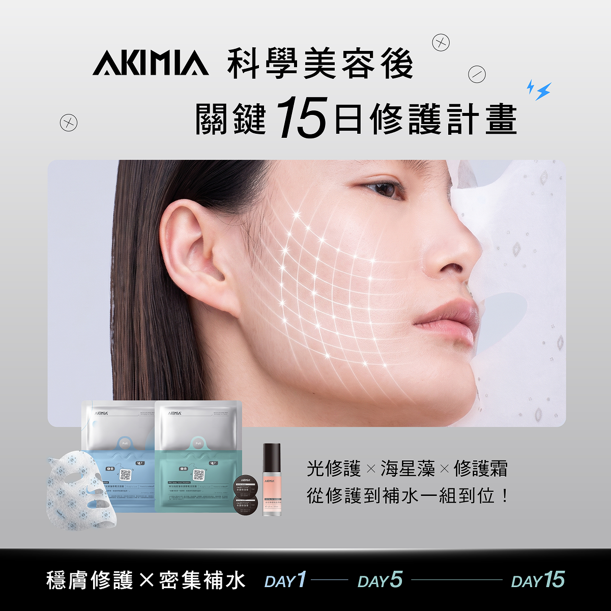 AKIMIA 科學美容後關鍵15日修護計畫，穩膚修護與密集補水一組到位