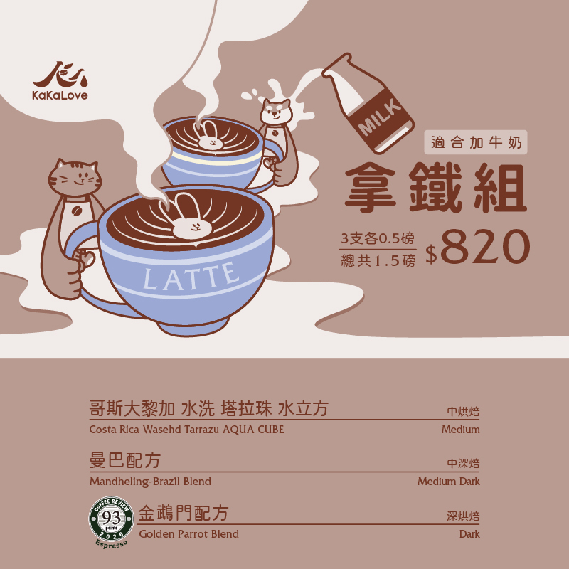 拿鐵組-曼巴配方+ CR93金鵡門+水洗 水立方 ，三支共1.5磅