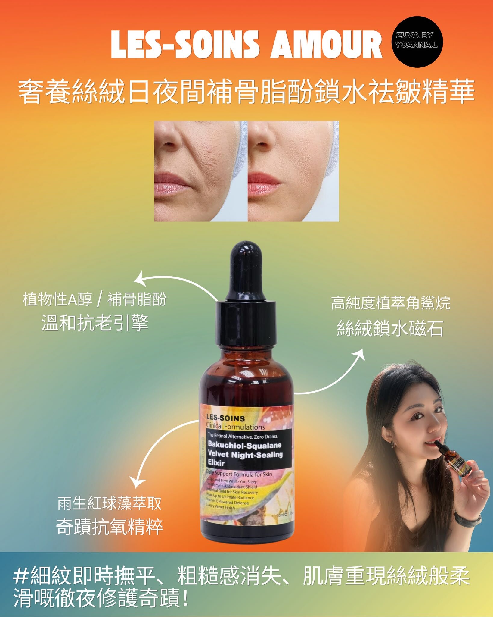 🔆🌛（一夜煥顏抗老）Les-Soins Amour 奢養絲絨日夜間補骨脂酚鎖水祛皺精華 30ml T544🌿✨產品有效期三年❤️存貨服務只限1年（2027年10月前取貨），敬請留意💢