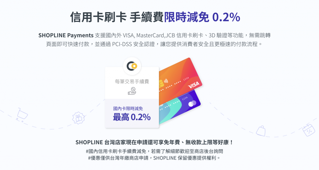 SHOPLINE 目前推出限時限量手續費減免 0.2% 的優惠