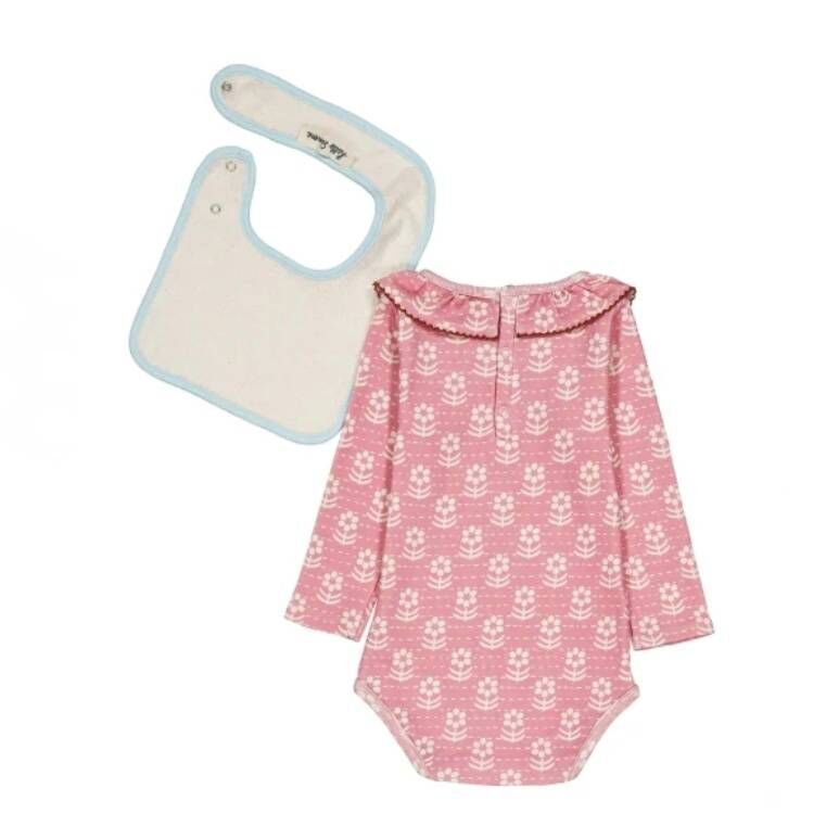 HELLO SIMONE 虛線花朵荷葉領包屁衣+圍兜組 Pernilla baby set Snowdrop Rose