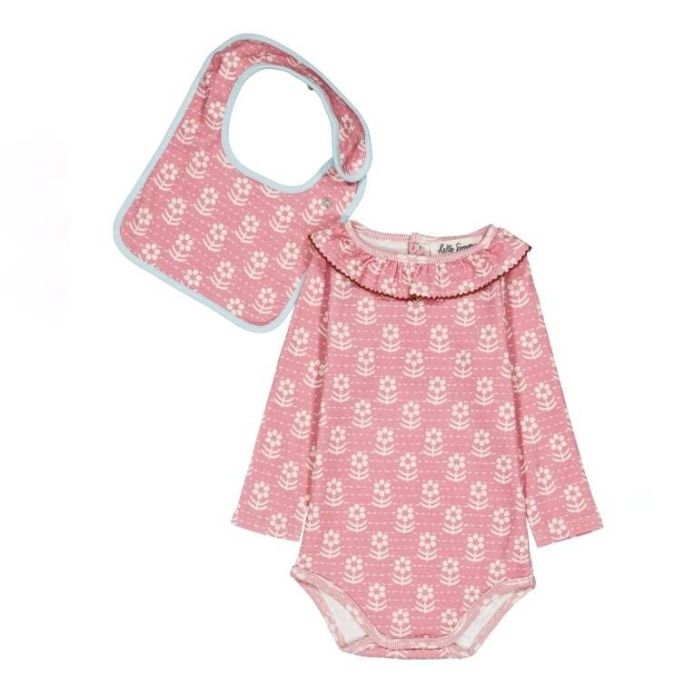 HELLO SIMONE 虛線花朵荷葉領包屁衣+圍兜組 Pernilla baby set Snowdrop Rose