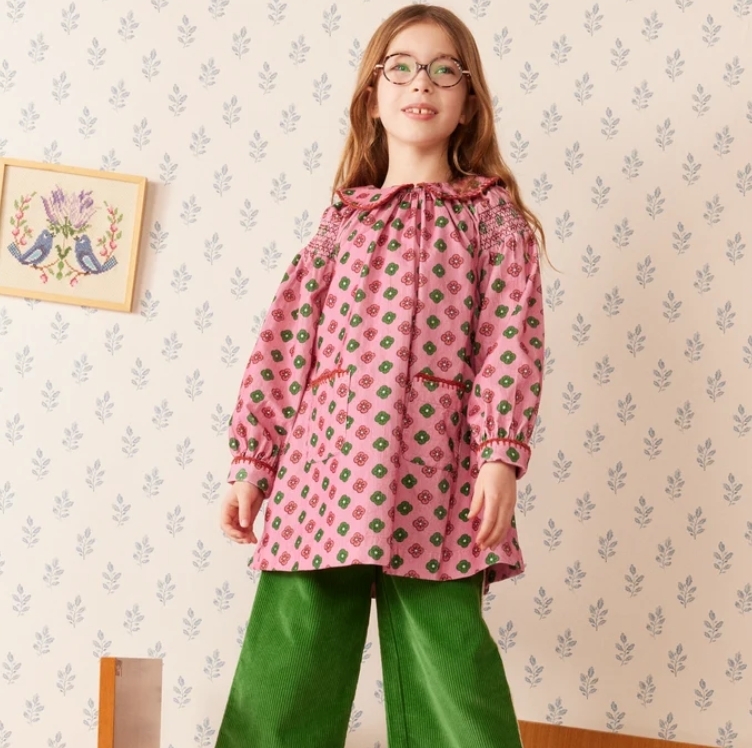 HELLO SIMONE 雙色花朵燈芯絨褶襉洋裝 Martha dress Rosebud