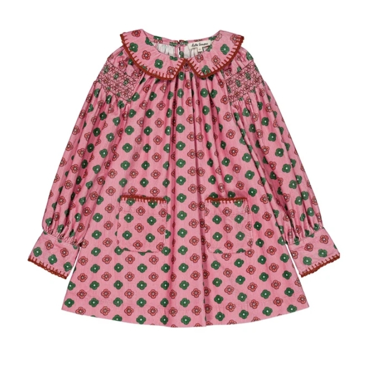HELLO SIMONE 雙色花朵燈芯絨褶襉洋裝 Martha dress Rosebud