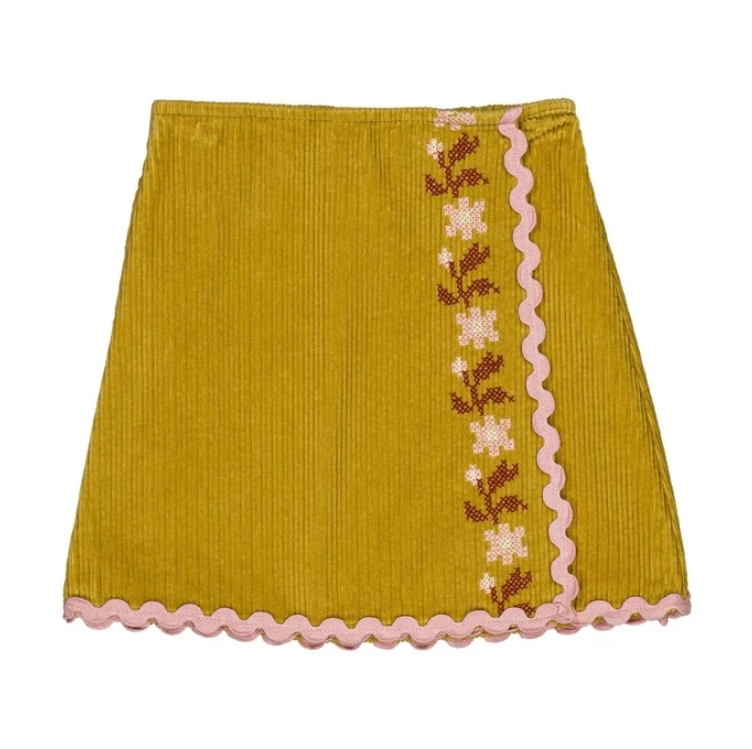 HELLO SIMONE 花朵前開衩燈芯絨波浪邊短裙 Scout skirt Moss