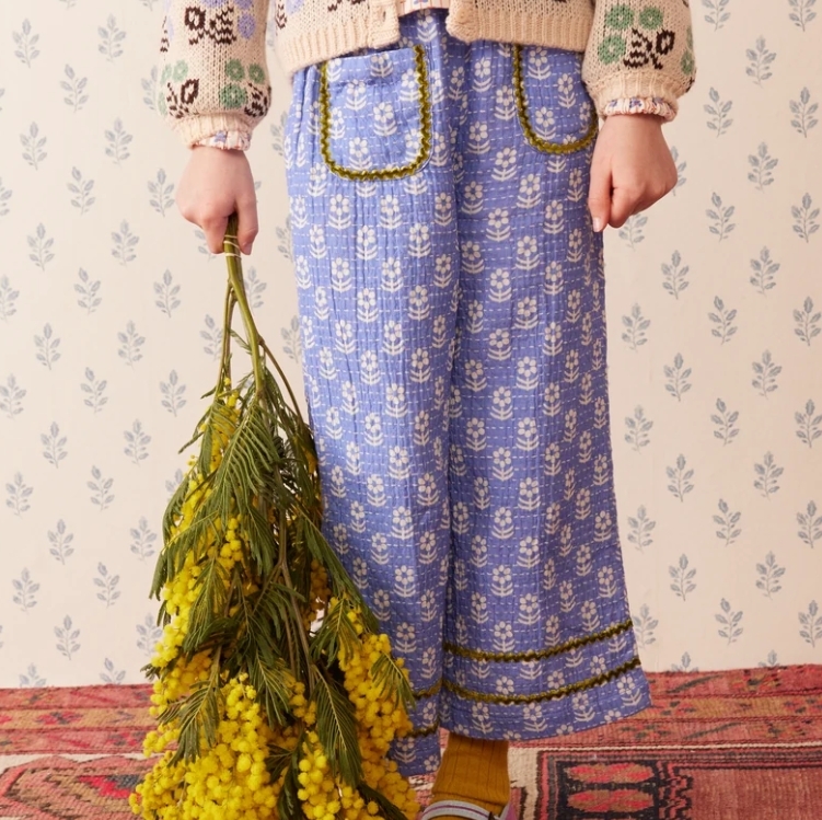HELLO SIMONE 虛線花朵抓皺長褲 Poupetta pants Snowdrop