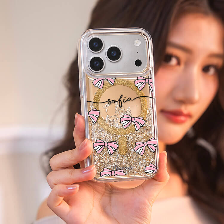 粉蝴蝶結 (MagSafe磁吸) 閃耀金鏡面殼 - (訂製名字) iPhone客製化手機殼