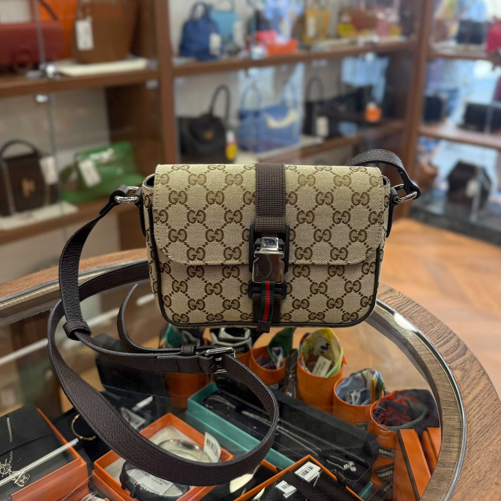 98%NEW USED GUCCI ORIGINAL MINI GG 帆布 經典紅綠織帶 802100 2067 #古馳斜背包