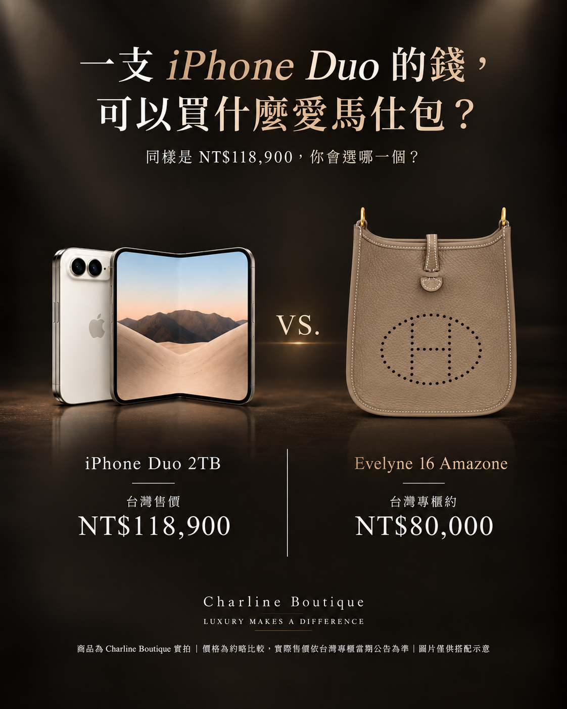 編輯圖片｜iPhone Duo 2TB NT$118,900 與 Hermès Evelyne 16 Amazone 約 NT$80,000 預算比較