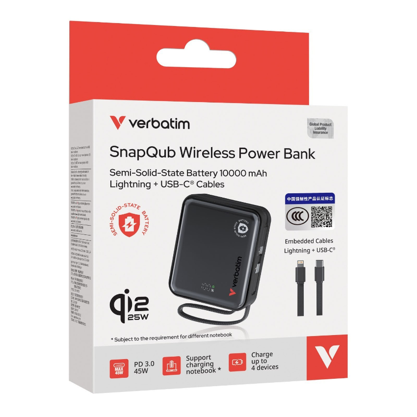 Verbatim SnapQub 10000mAh Qi2.2 L+C 半固態磁吸無線流動充電池 (*3C認證+二維碼） 九月團
