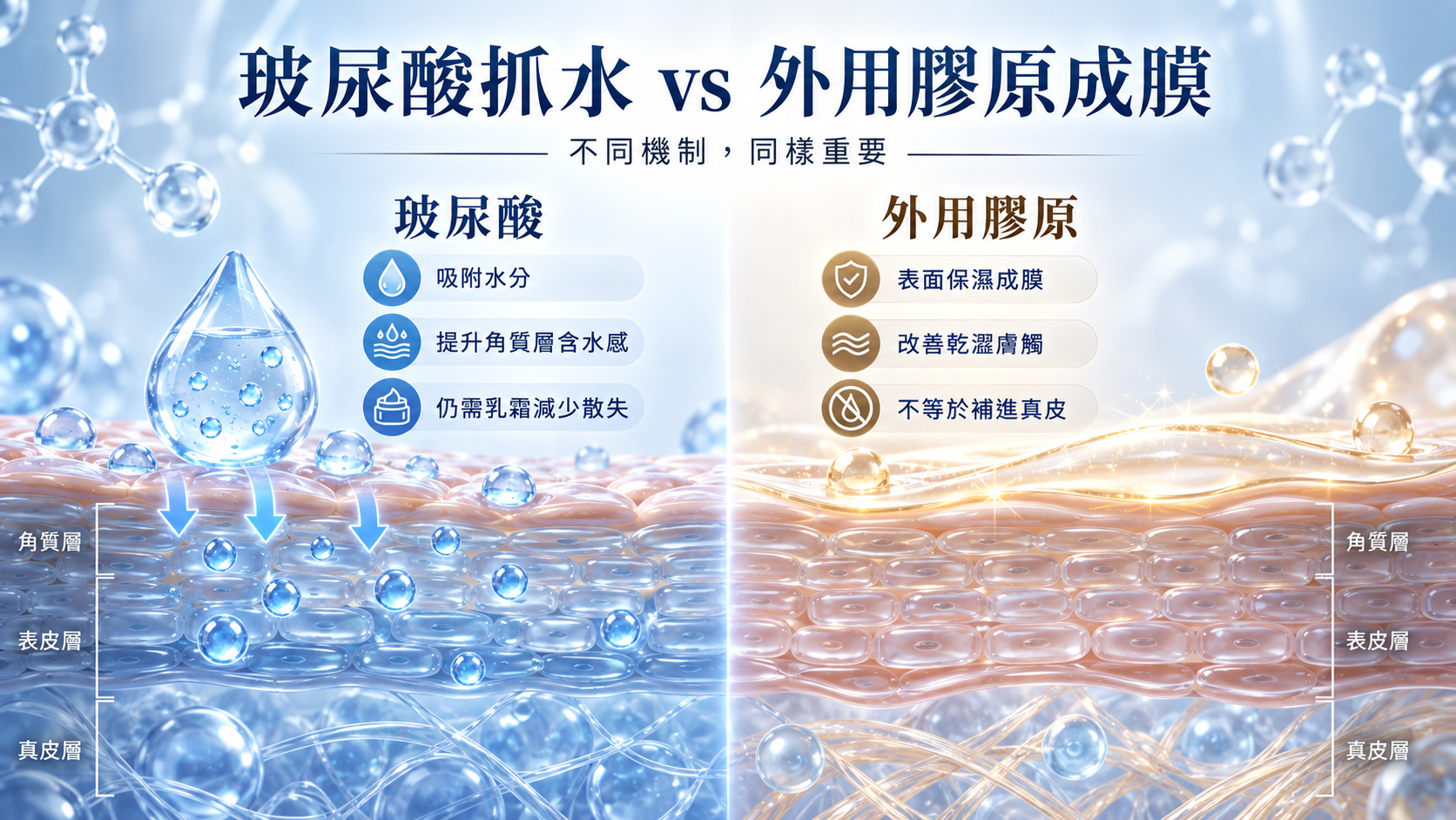 玻尿酸抓水與外用膠原成膜的差異圖