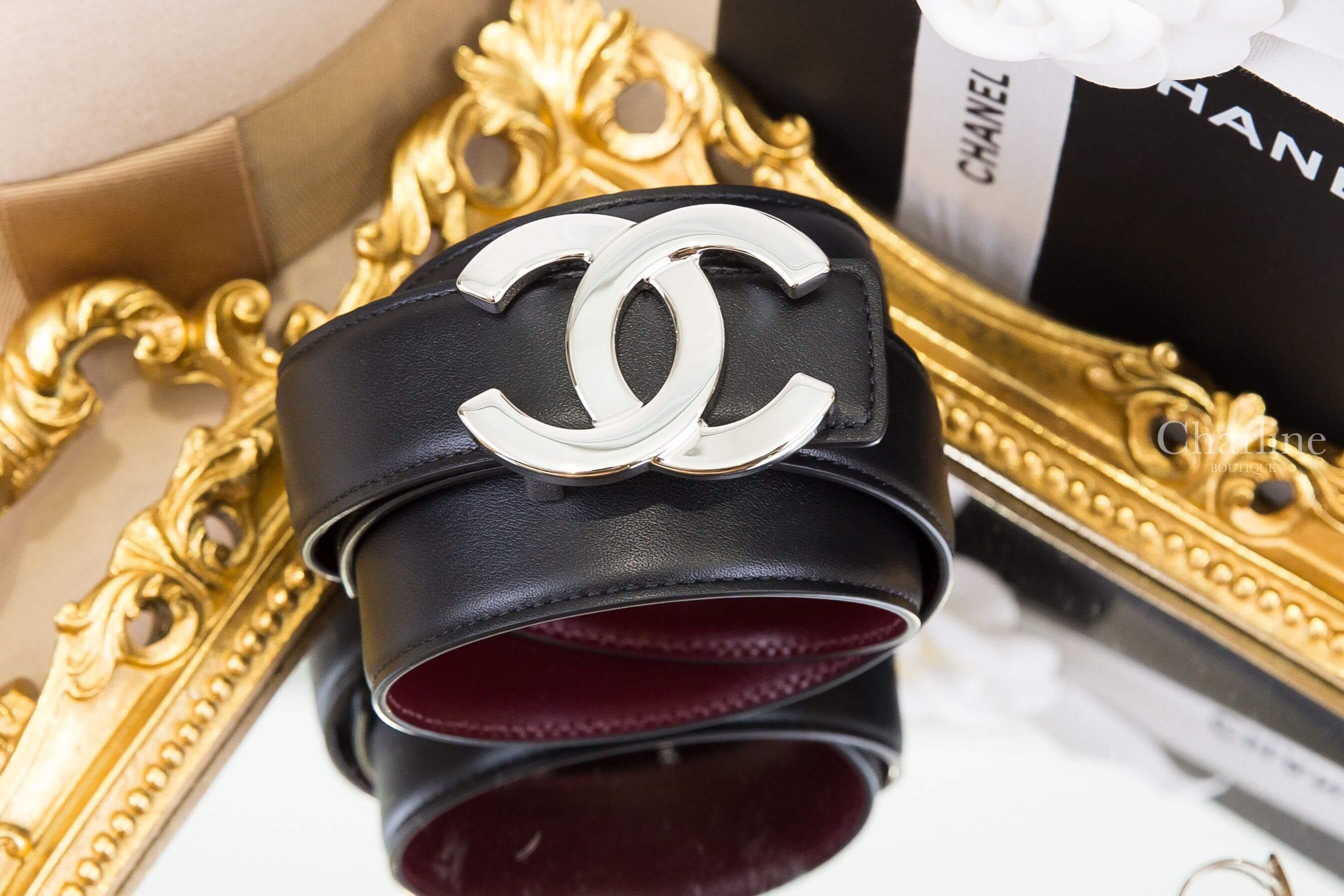 Chanel Leather Belt 黑色/勃根地酒紅色銀CC小牛皮雙面皮帶
