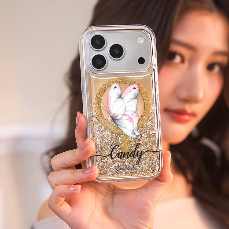 夢幻蝴蝶 (MagSafe磁吸) 閃耀金鏡面殼 - (訂製名字) iPhone客製化手機殼