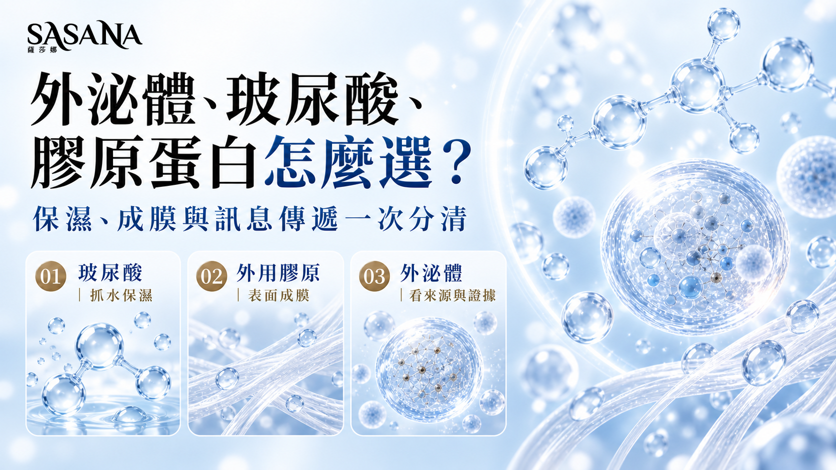 外泌體、玻尿酸、膠原蛋白三種保養角色首頁圖
