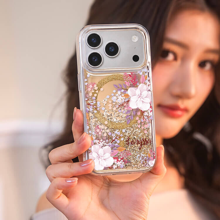 淡粉櫻花 (MagSafe磁吸) 閃耀金鏡面殼 - (訂製名字) iPhone客製化手機殼