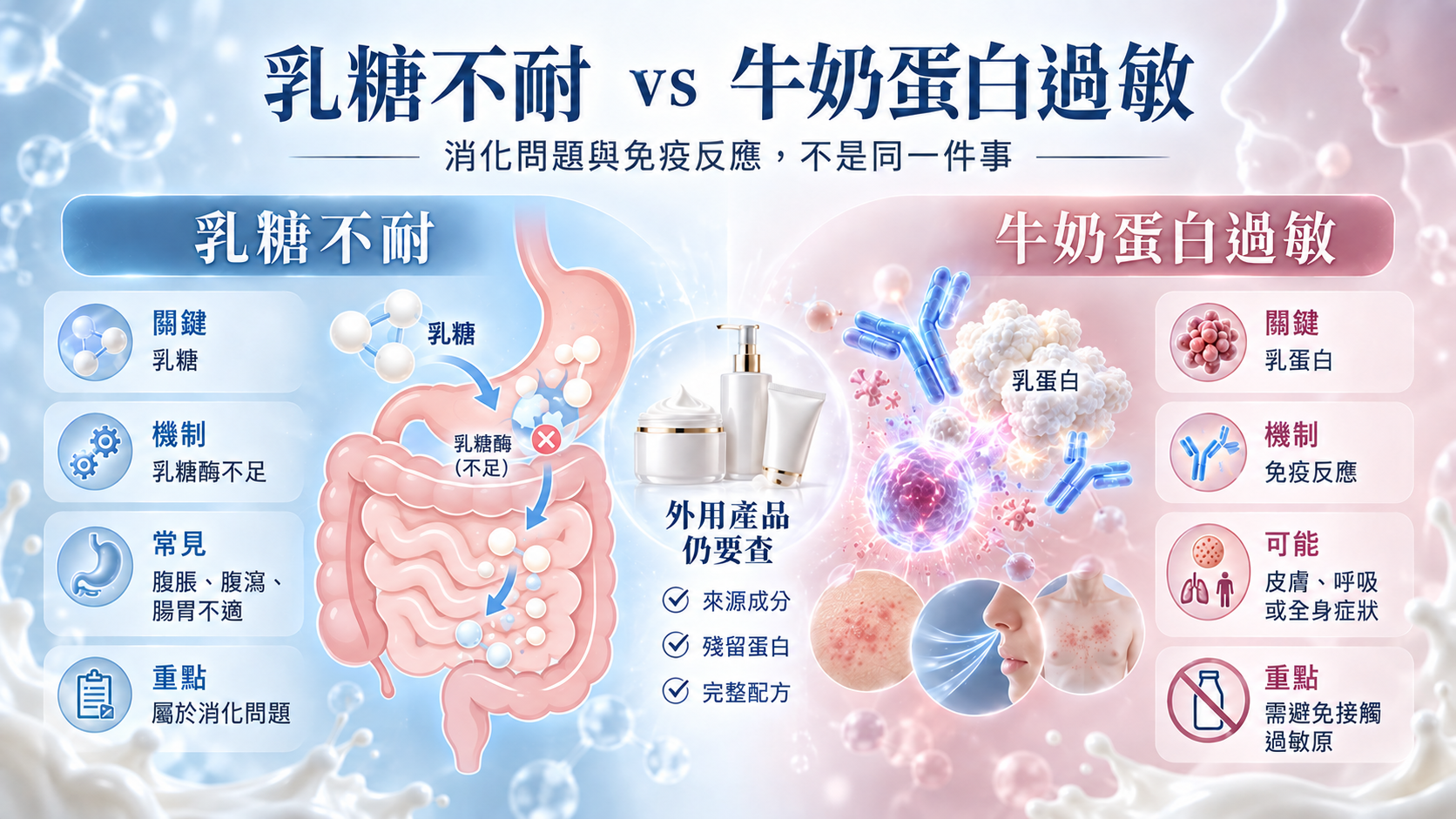 乳糖不耐與牛奶蛋白過敏差異圖