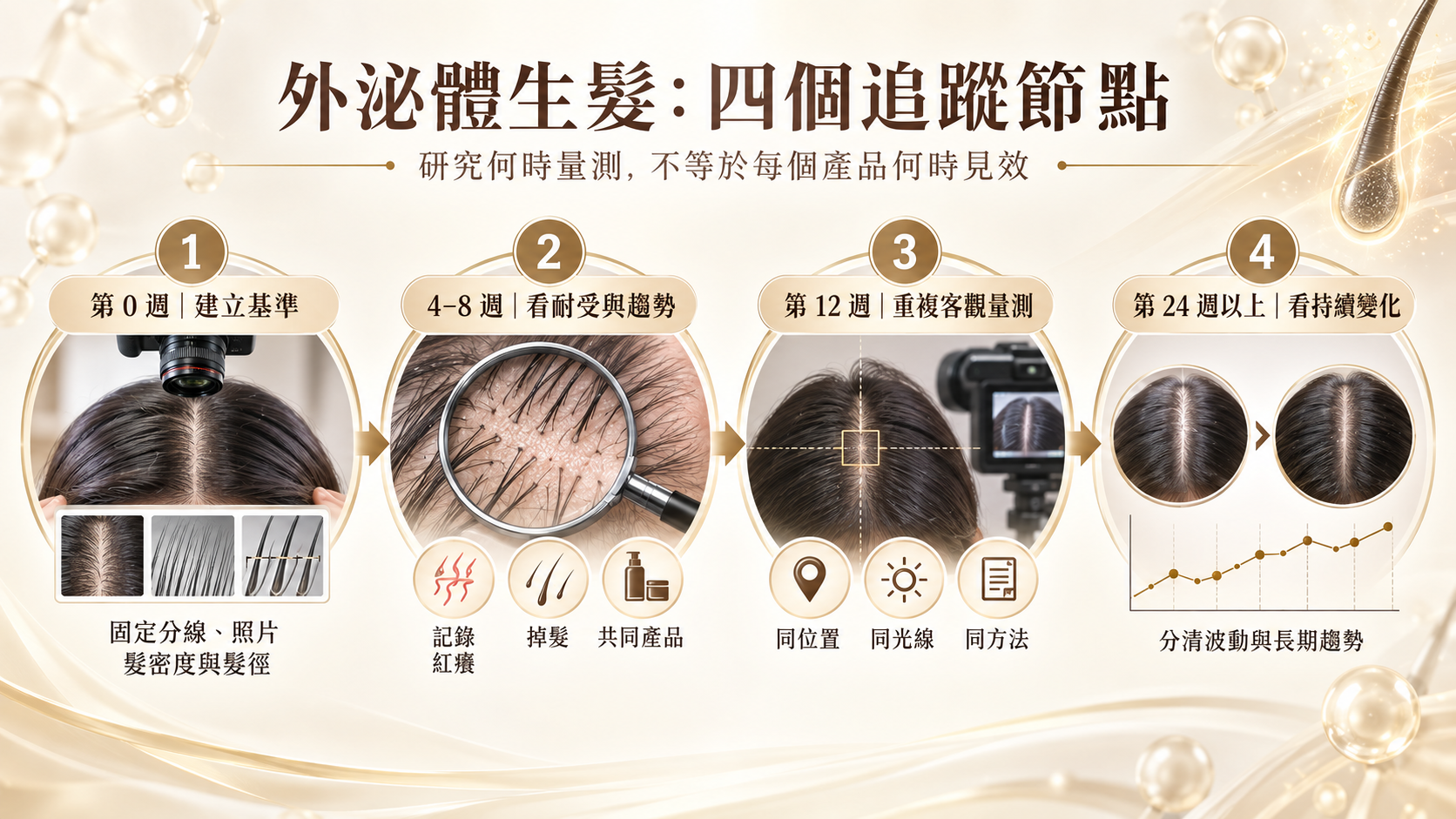 外泌體生髮的零週、十二週、二十四週與長期追蹤重點