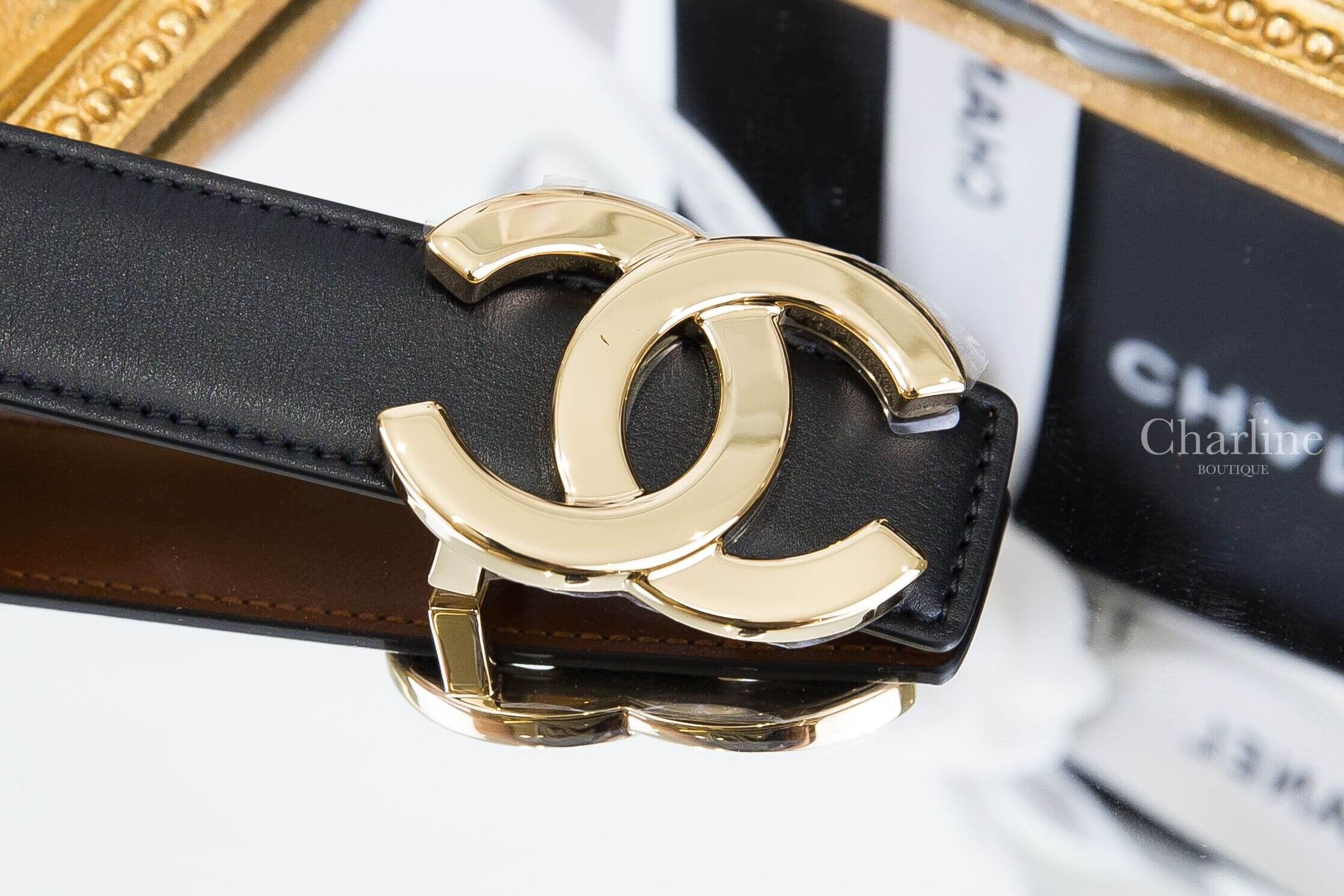 Chanel Leather Belt 黑色/駝色金CC小牛皮雙面皮帶