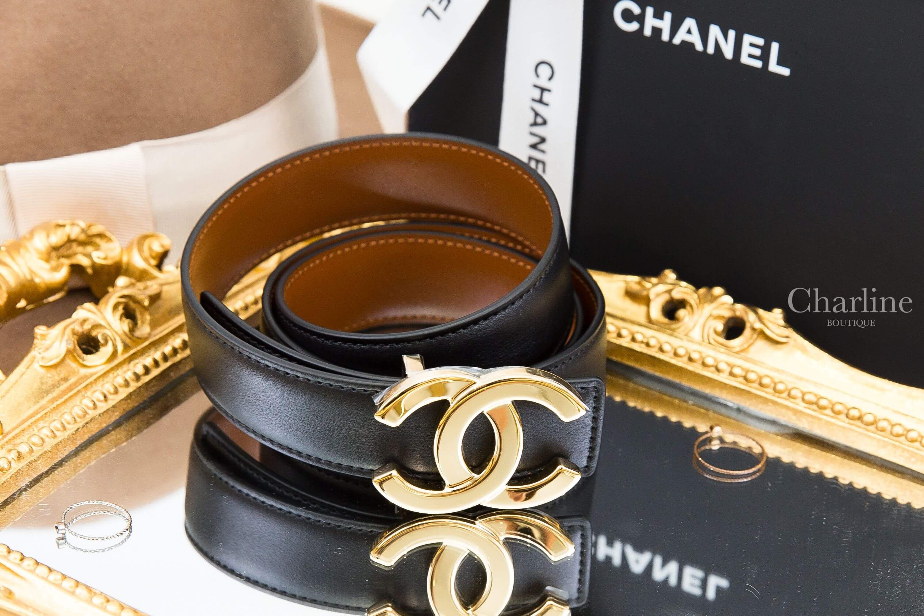 Chanel Leather Belt 黑色/駝色金CC小牛皮雙面皮帶 黑色皮面與駝色內側雙面配色展示