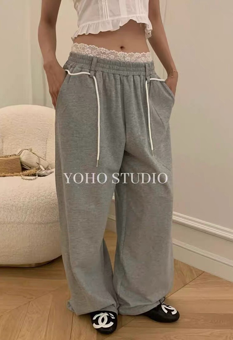 白繩蕾絲褲頭棉質長褲