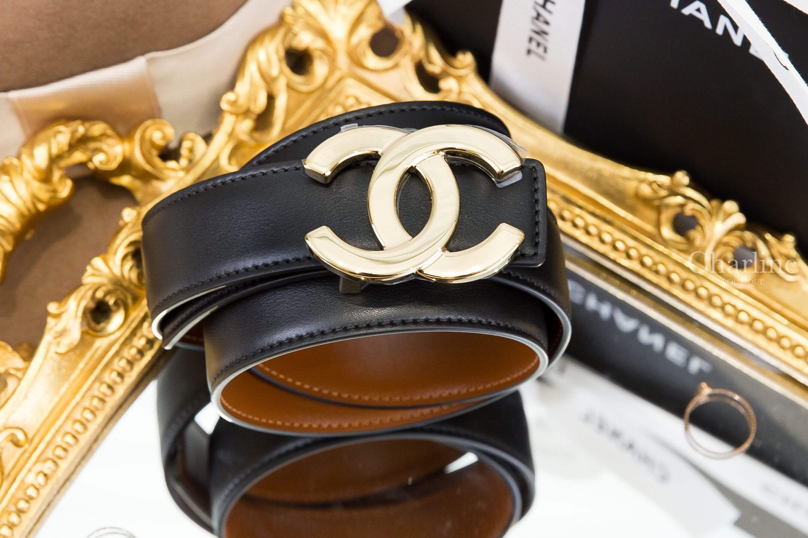Chanel Leather Belt 黑色/駝色金CC小牛皮雙面皮帶 黑色皮面金色CC Logo正面完整展示