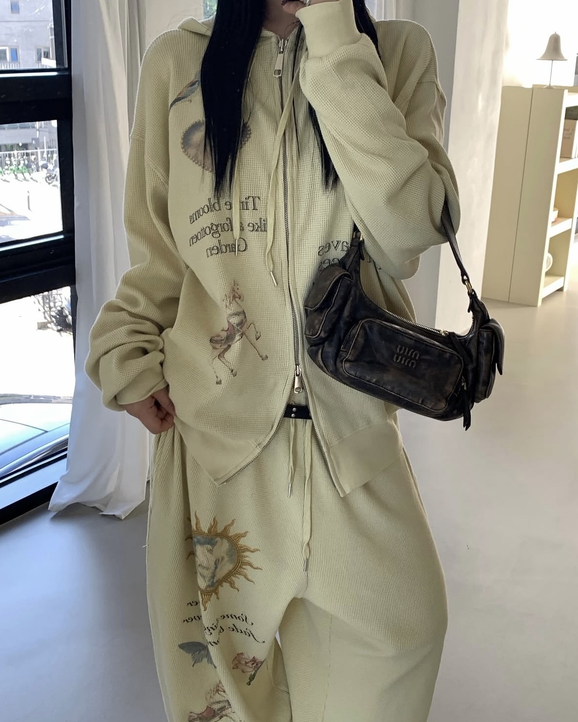 <成套買超看> XIN SELECT 韓國 小眾 品牌 復古 浪漫 獨角獸 華夫格 連帽外套 長褲