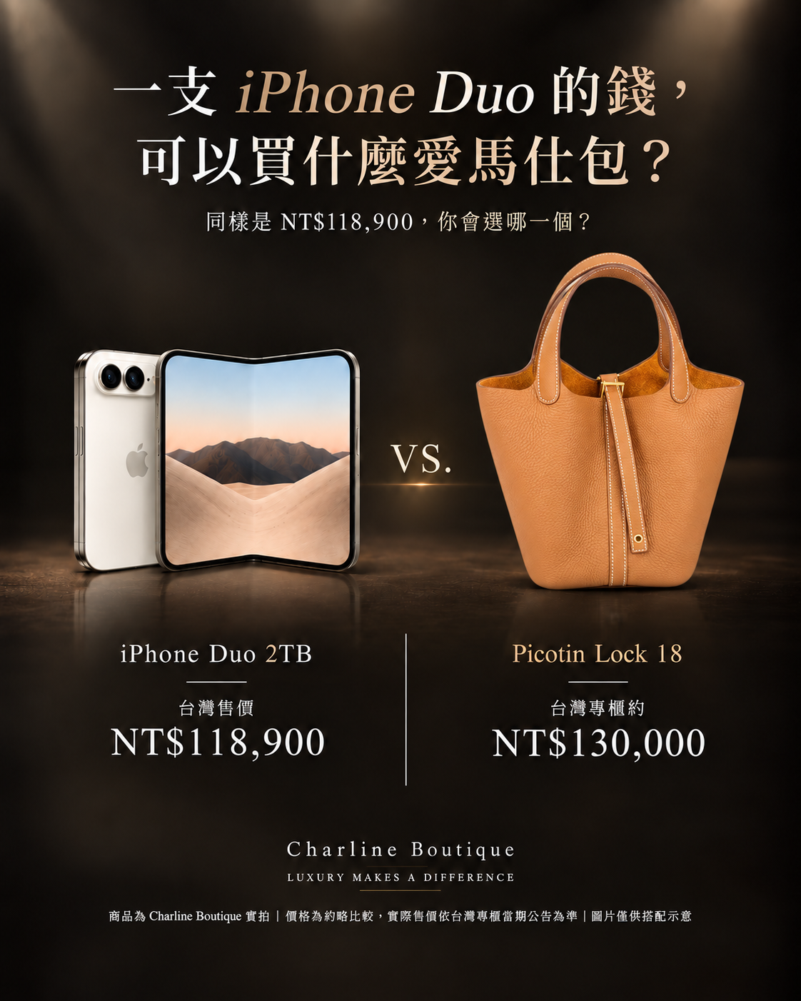 編輯圖片|iPhone Duo 2TB NT$118,900 與 Hermès Picotin Lock 18 約 NT$130,000 預算比較