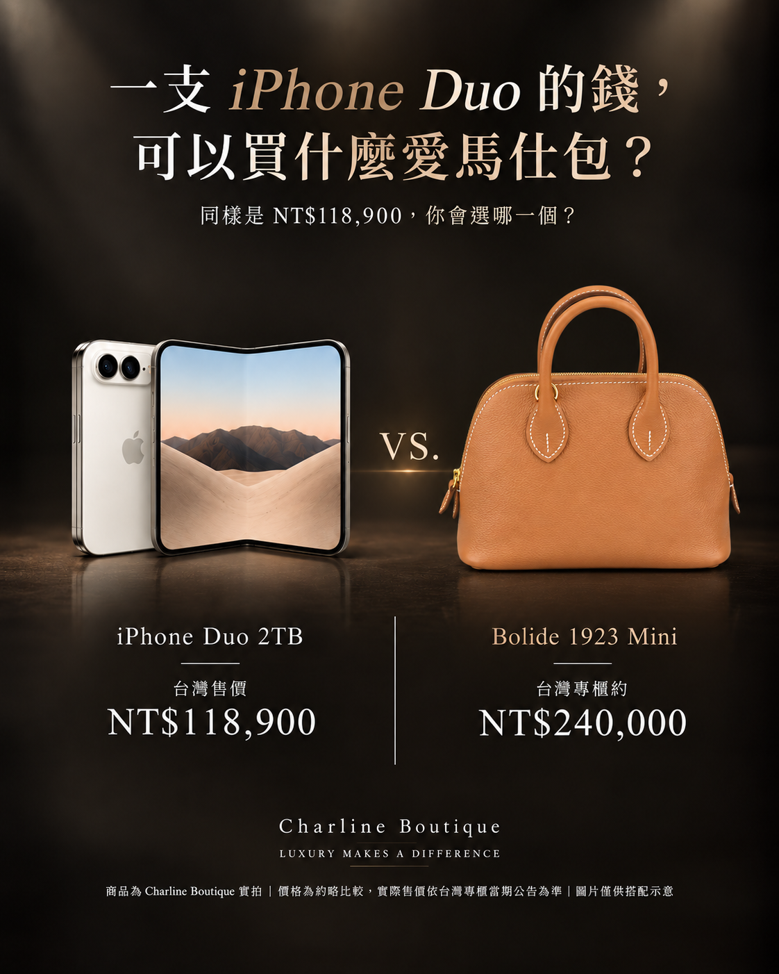 編輯圖片|iPhone Duo 2TB NT$118,900 與 Hermès Bolide 1923 Mini 約 NT$240,000 預算比較