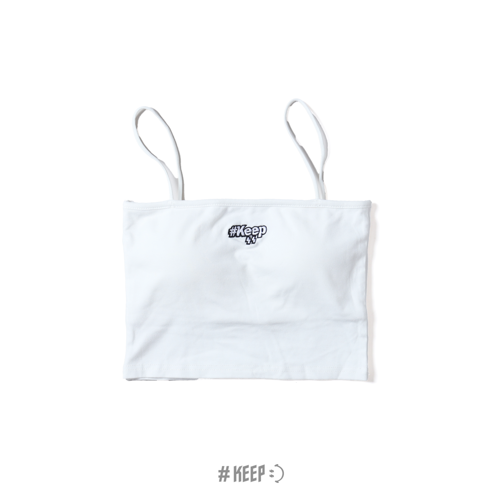 #KEEP ELASTIC BRA TOP 彈性背心 白色 刺繡 LOGO 一片式 可拆 手托胸墊 細肩 親膚 高彈力 短版 背心【KS371】