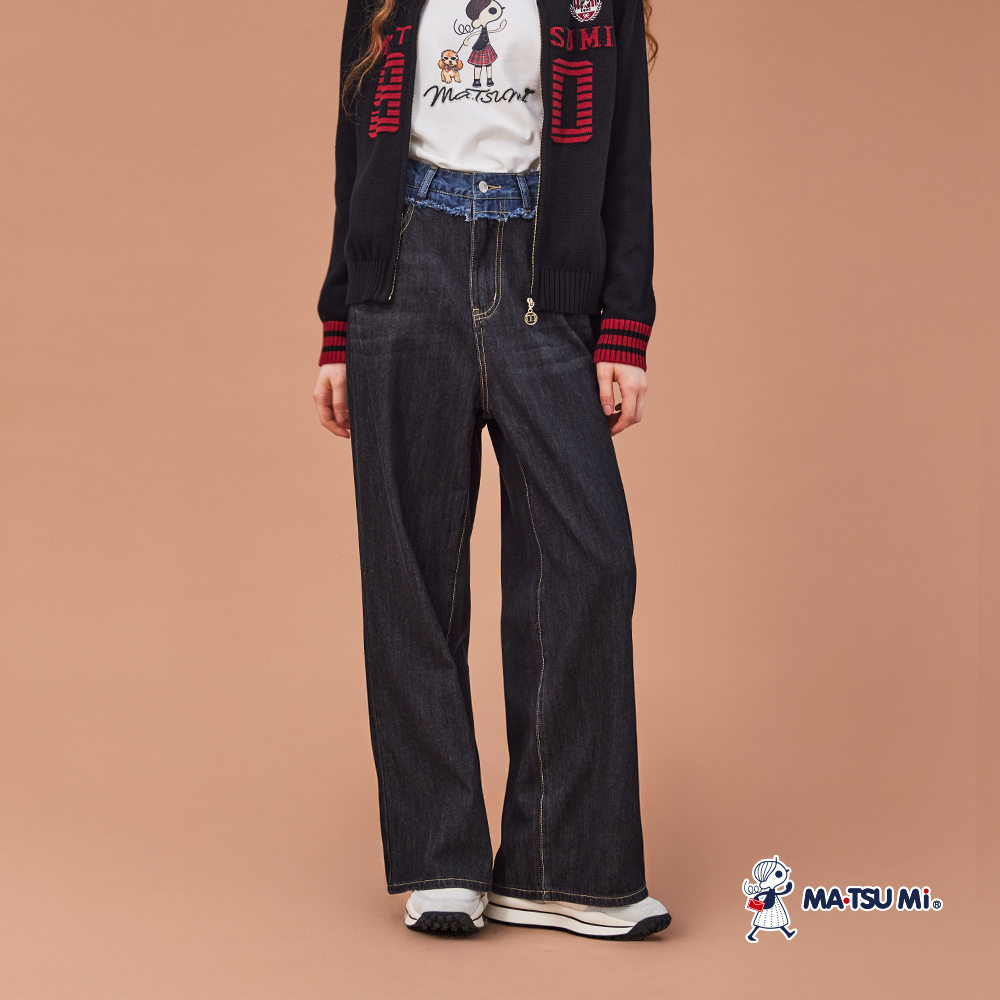 MA‧TSU Mi 復古拼接腰頭鬚邊原色丹寧寬褲(黑)