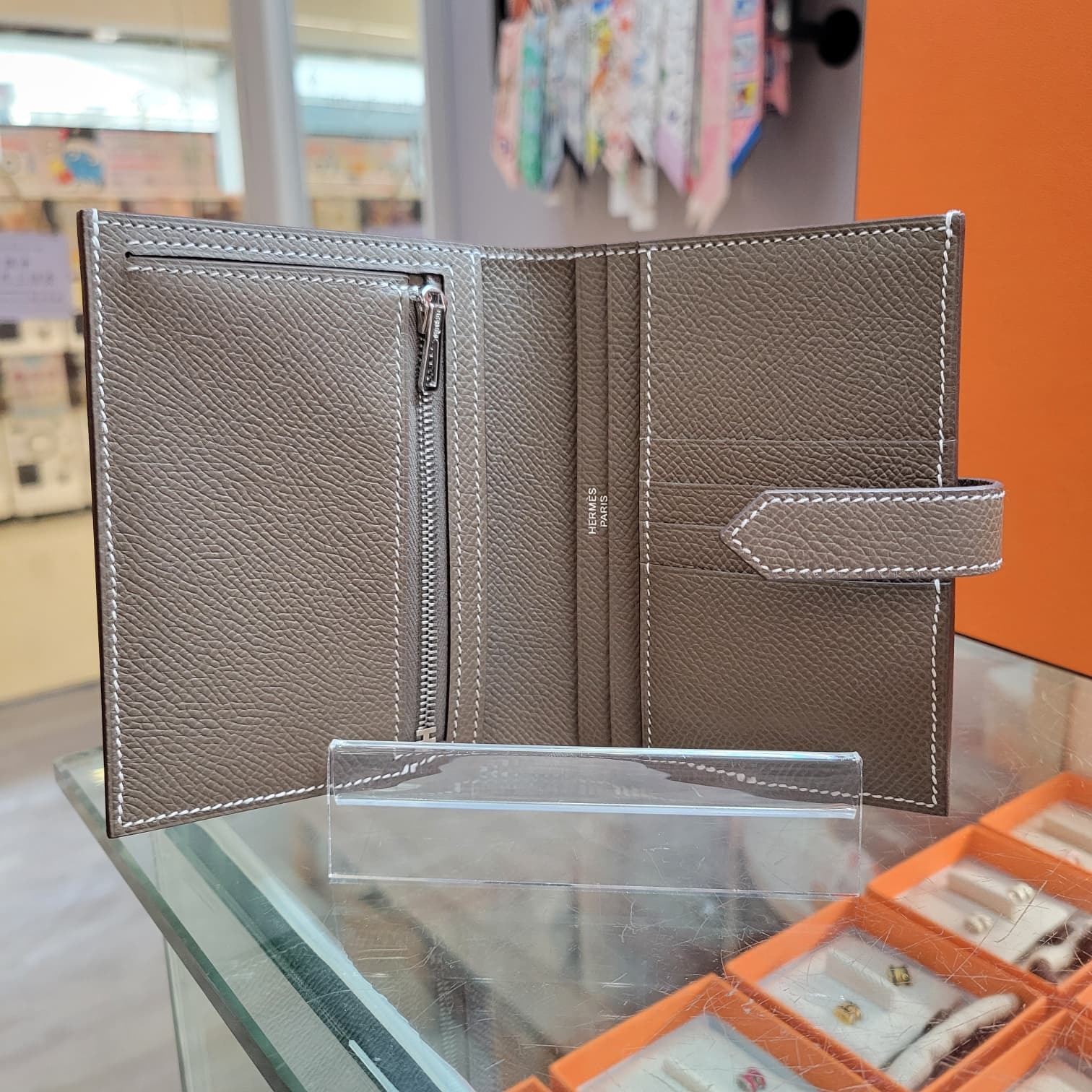 HERMES Bearn compact wallet ETOUPE CK EPSOM 短銀包 大象灰 銀扣