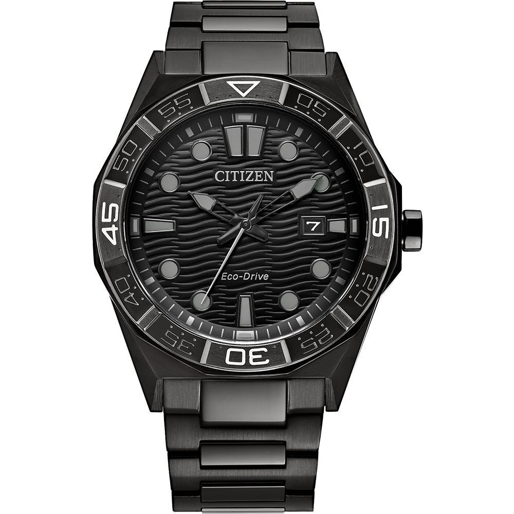 【CITIZEN 星辰】極致黑 光動能  夜光 不鏽鋼 手錶 AW1855-52E
