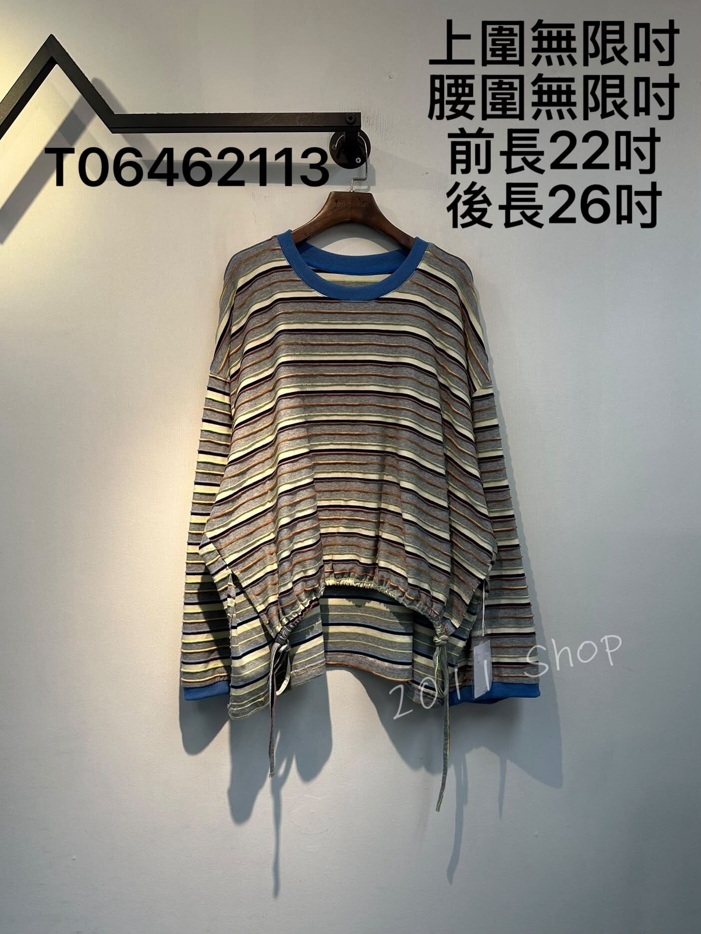 出口日本立體拼色橫間抽繩TOP  上圍無限吋 腰圍無限吋 前長22吋 後長26吋  T06462113