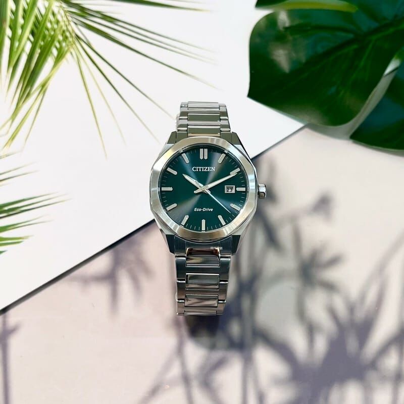 【CITIZEN 星辰】八角框 光動能 夜光 日期 不鏽鋼 手錶 銀綠 BM7620-83X