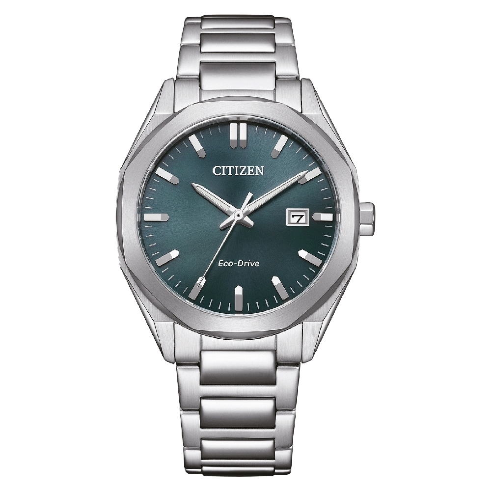 【CITIZEN 星辰】八角框 光動能 夜光 日期 不鏽鋼 手錶 銀綠 BM7620-83X