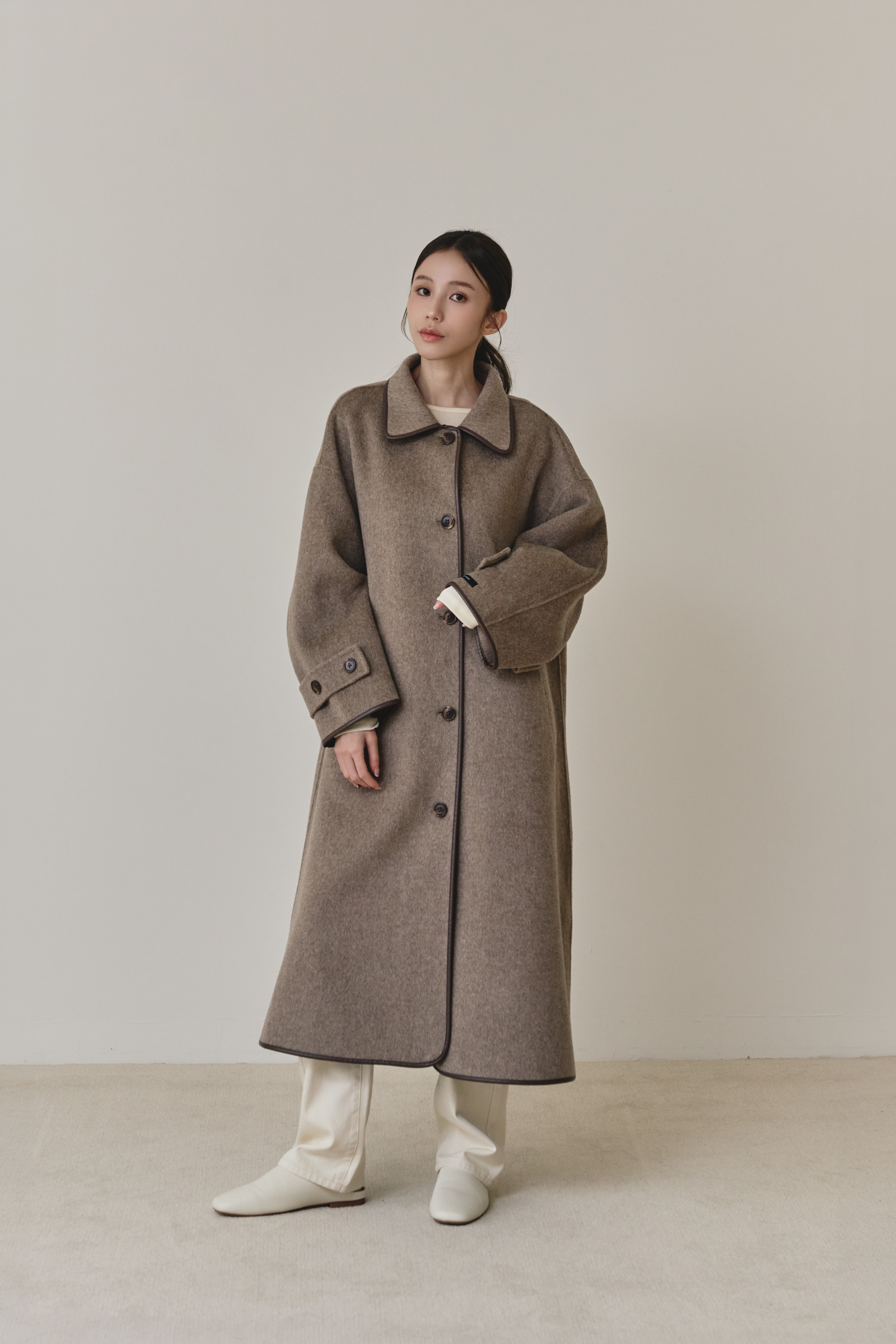 【早鳥】100% wool 皮革滾邊長版手工羊毛大衣-褐棕