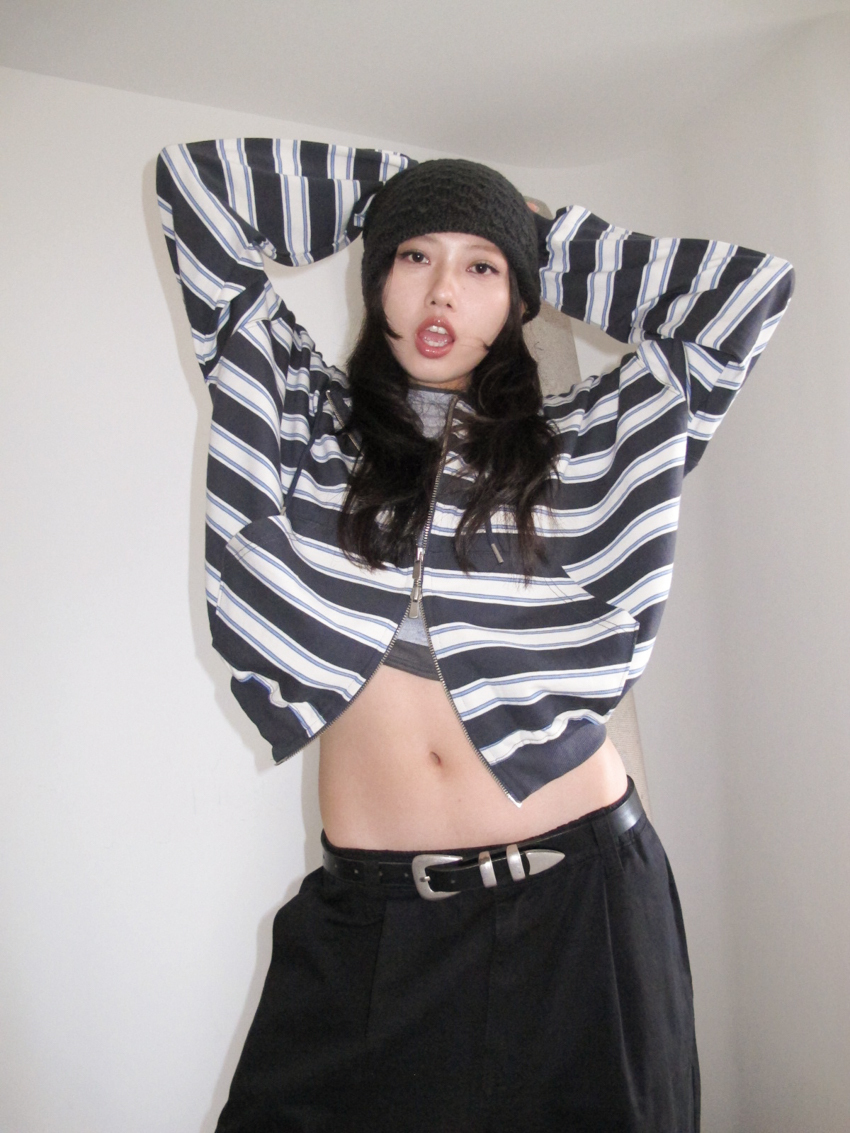 #J82 美式條紋雙拉鍊連帽外套