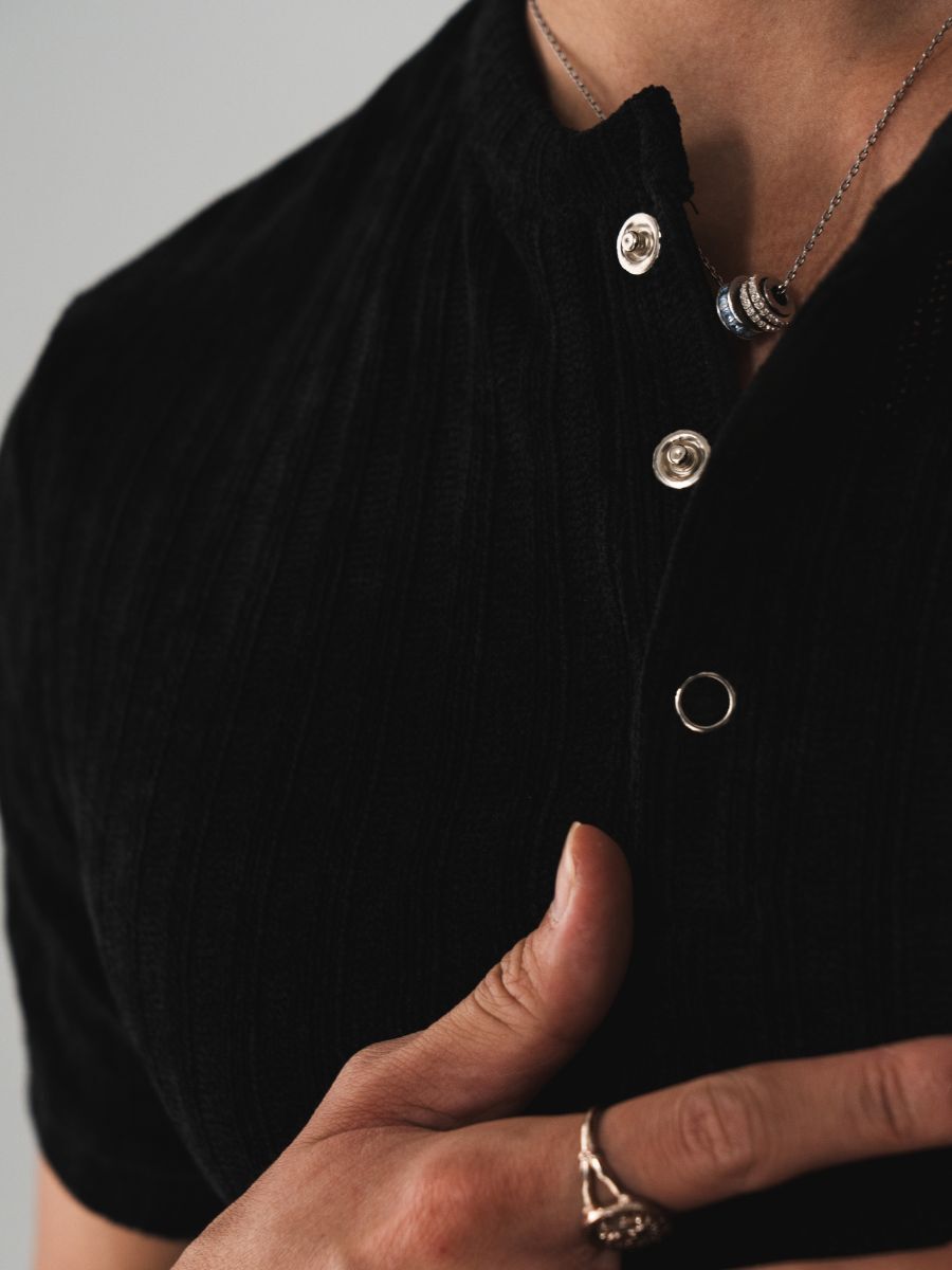 American Vintage Washed Snow-Effect Ribbed Knit Henley Tee